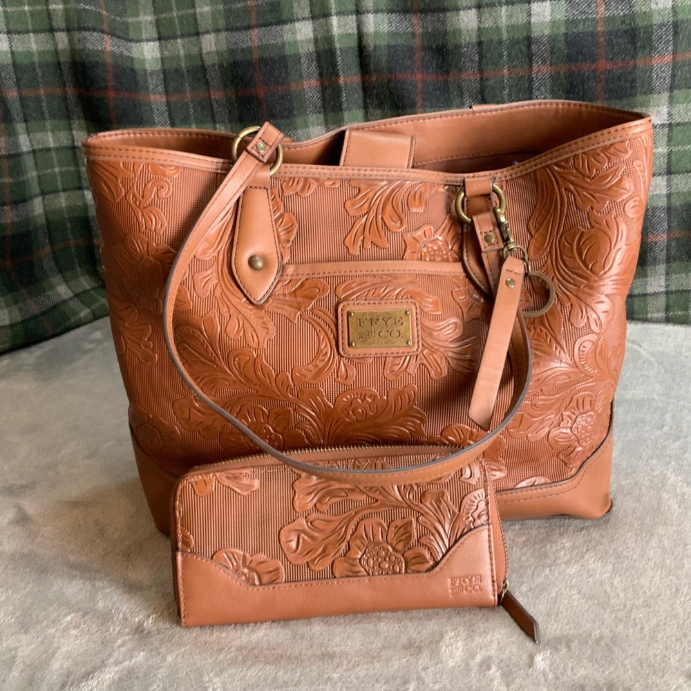 Frye and Co Floral Embossed Tote Bag and Matching Wallet Set Cognac Brown